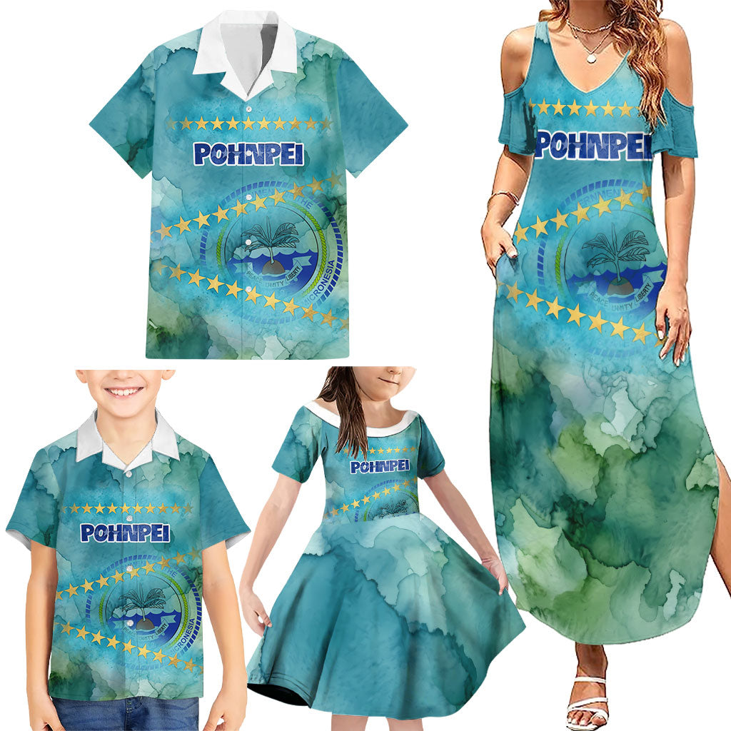 Pohnpei Federated States Of Micronesia Family Matching Summer Maxi Dress and Hawaiian Shirt Watercolor Heritage Graphic Art With State Seal And Tropical Stars