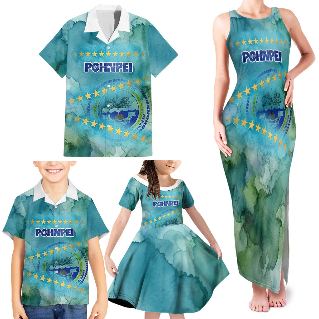 Pohnpei Federated States Of Micronesia Family Matching Tank Maxi Dress and Hawaiian Shirt Watercolor Heritage Graphic Art With State Seal And Tropical Stars