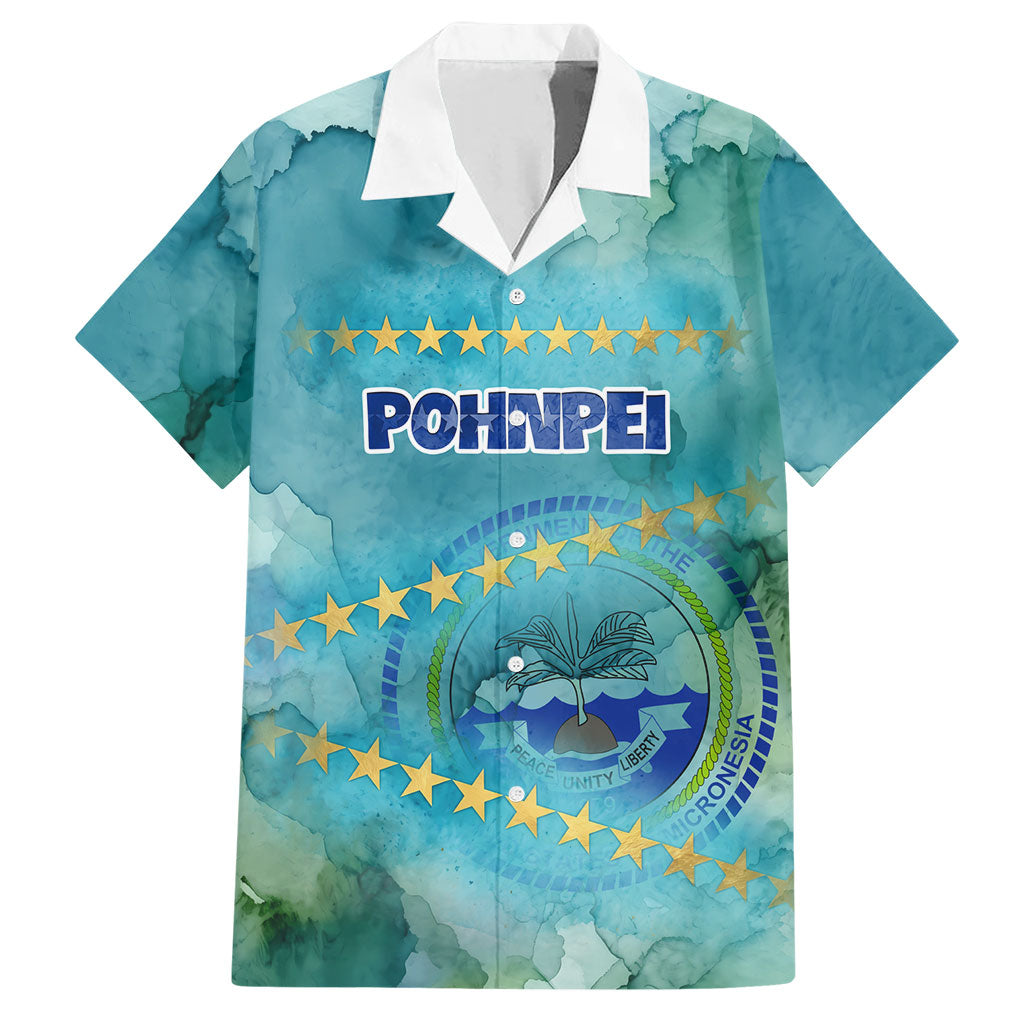 Pohnpei Federated States Of Micronesia Hawaiian Shirt Watercolor Heritage Graphic Art With State Seal And Tropical Stars
