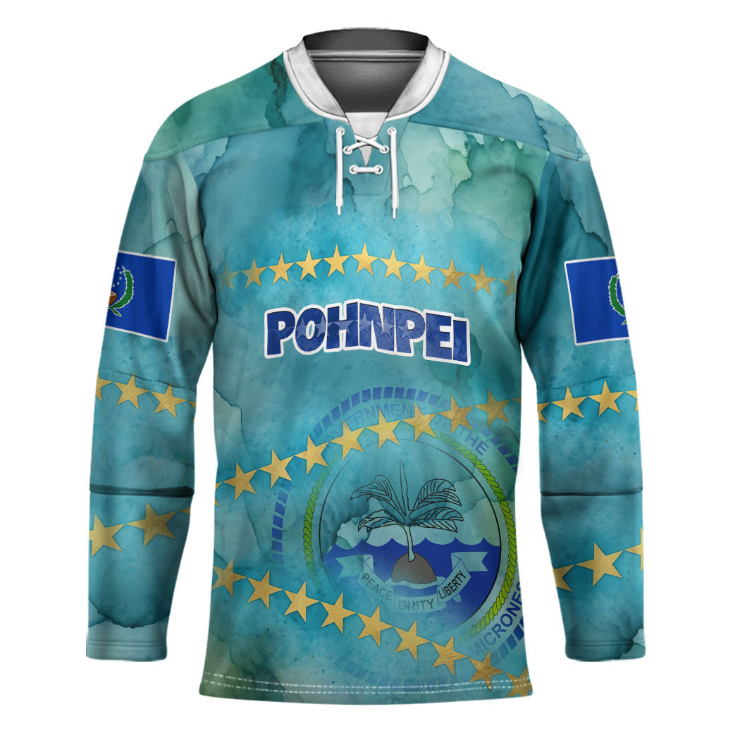 Pohnpei Federated States Of Micronesia Hockey Jersey Watercolor Heritage Graphic Art With State Seal And Tropical Stars