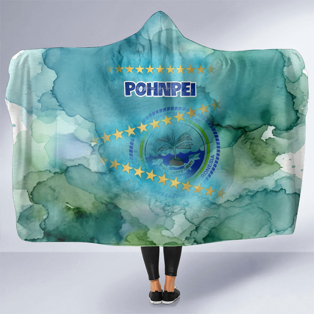 Pohnpei Federated States Of Micronesia Hooded Blanket Watercolor Heritage Graphic Art With State Seal And Tropical Stars