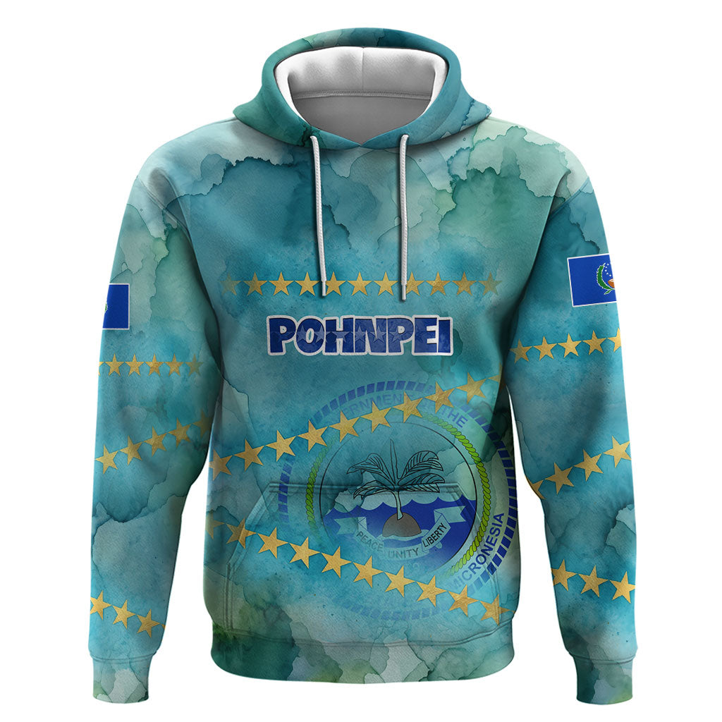 Pohnpei Federated States Of Micronesia Hoodie Watercolor Heritage Graphic Art With State Seal And Tropical Stars