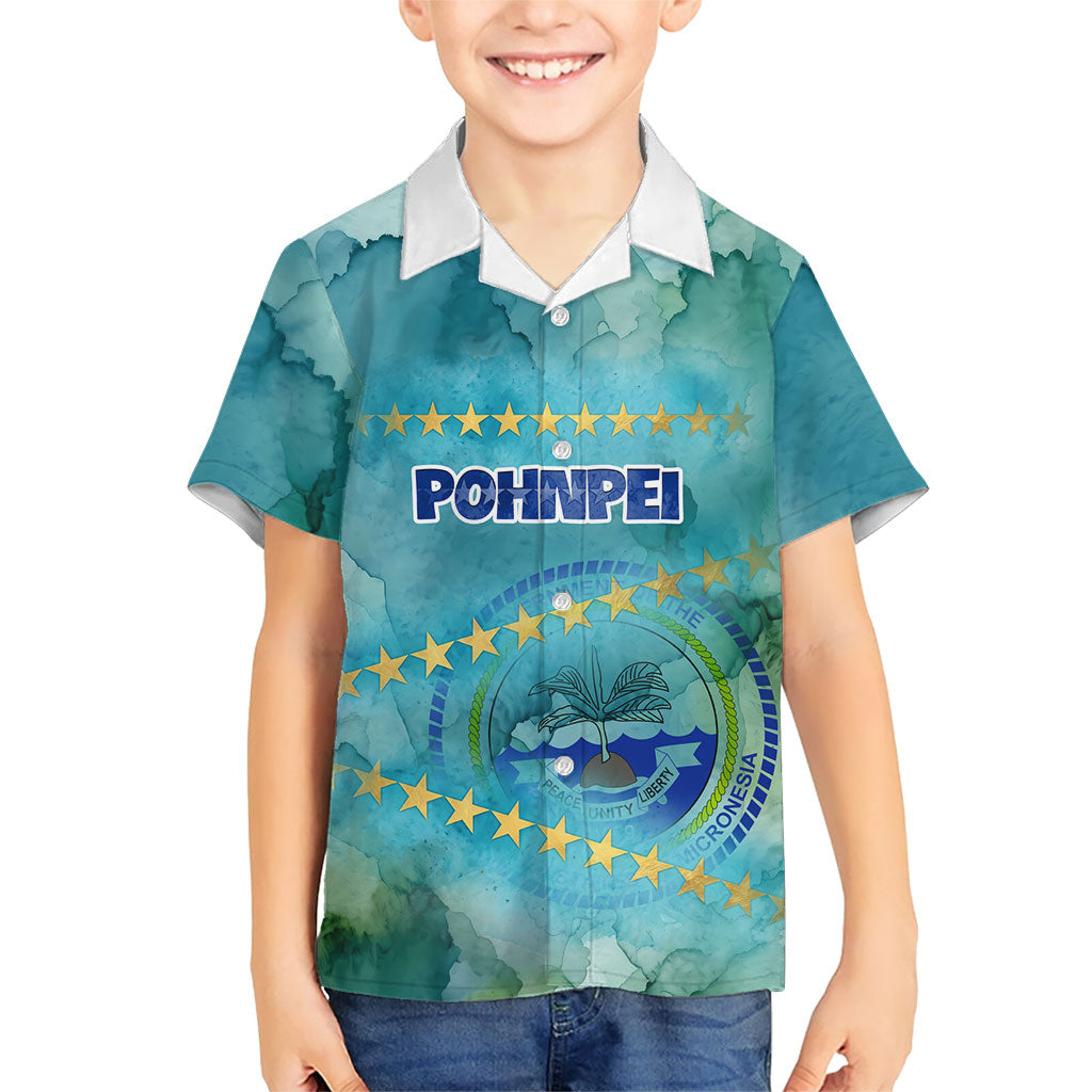 Pohnpei Federated States Of Micronesia Kid Hawaiian Shirt Watercolor Heritage Graphic Art With State Seal And Tropical Stars
