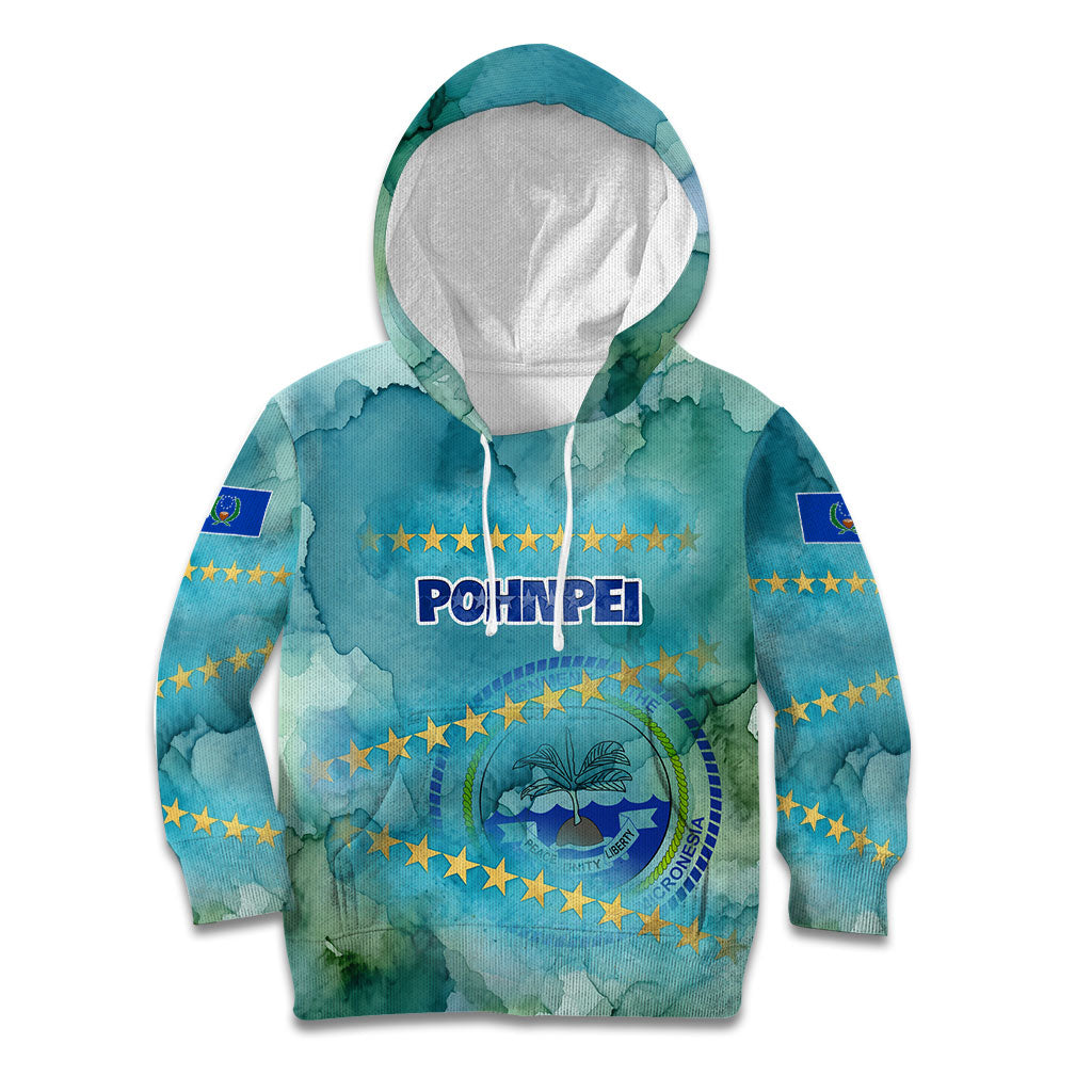 Pohnpei Federated States Of Micronesia Kid Hoodie Watercolor Heritage Graphic Art With State Seal And Tropical Stars