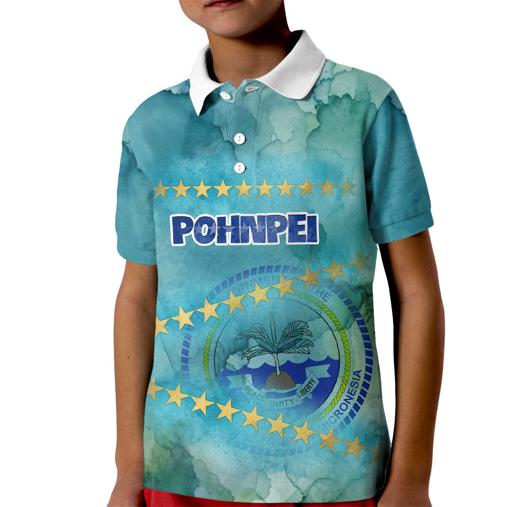 Pohnpei Federated States Of Micronesia Kid Polo Shirt Watercolor Heritage Graphic Art With State Seal And Tropical Stars
