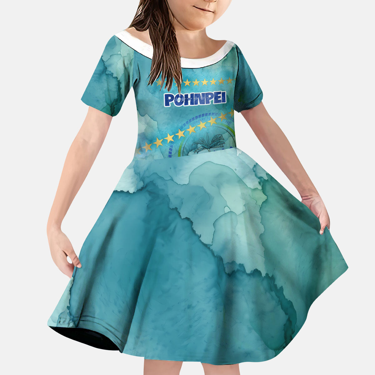 Pohnpei Federated States Of Micronesia Kid Short Sleeve Dress Watercolor Heritage Graphic Art With State Seal And Tropical Stars