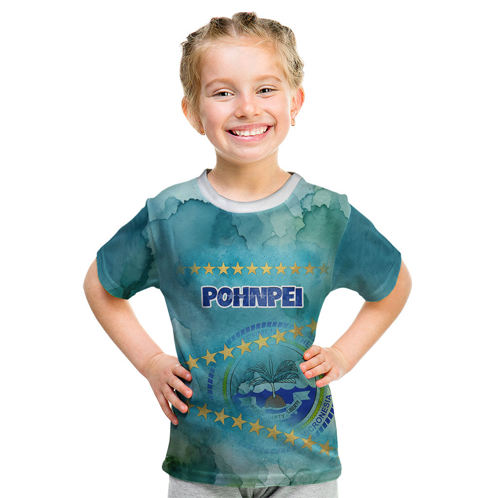 Pohnpei Federated States Of Micronesia Kid T Shirt Watercolor Heritage Graphic Art With State Seal And Tropical Stars