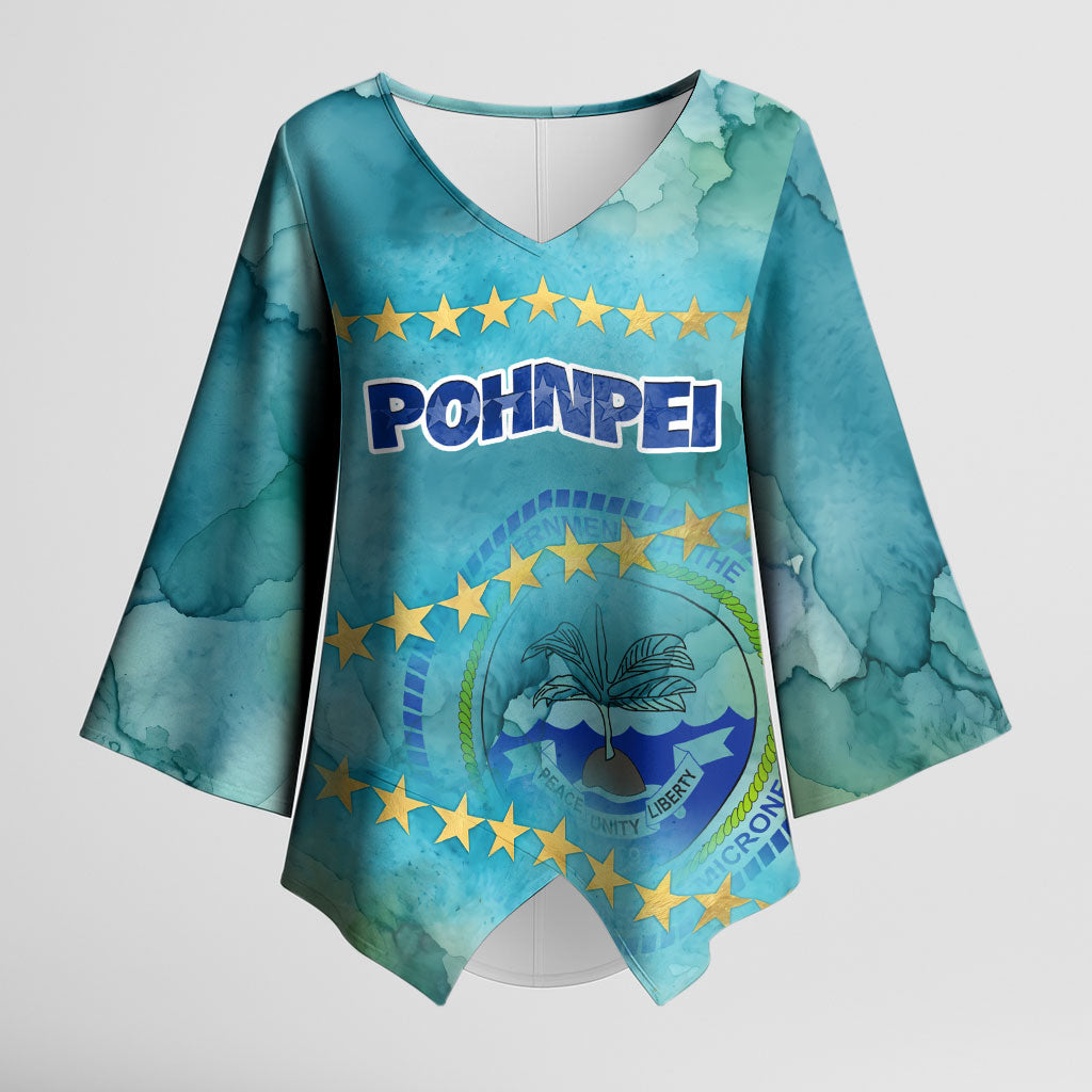 Pohnpei Federated States Of Micronesia Kimono Sleeve Blouse Watercolor Heritage Graphic Art With State Seal And Tropical Stars