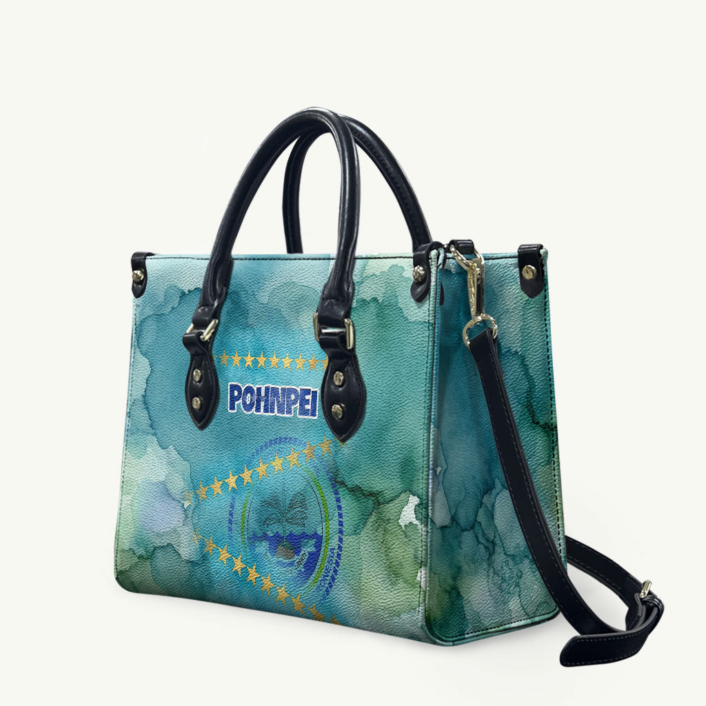 Pohnpei Federated States Of Micronesia Leather Bag Watercolor Heritage Graphic Art With State Seal And Tropical Stars