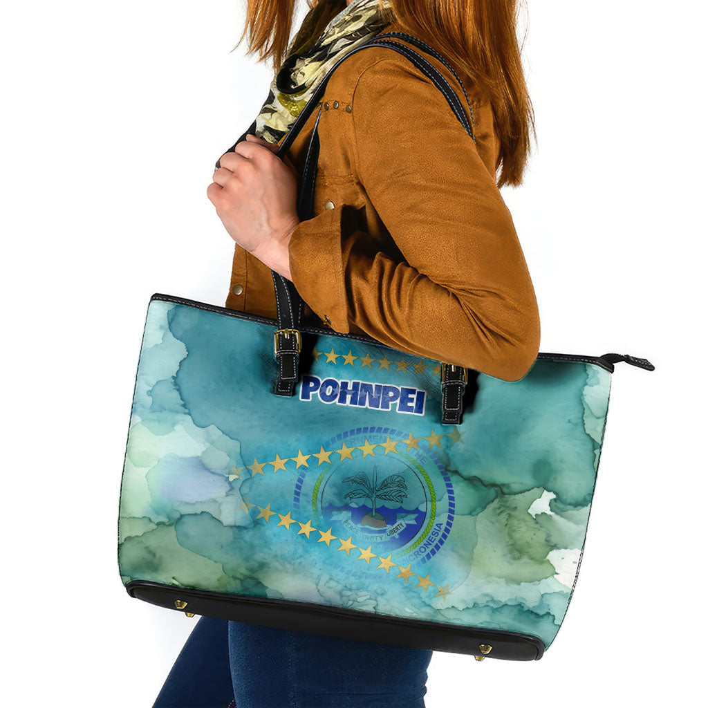 Pohnpei Federated States Of Micronesia Leather Tote Bag Watercolor Heritage Graphic Art With State Seal And Tropical Stars