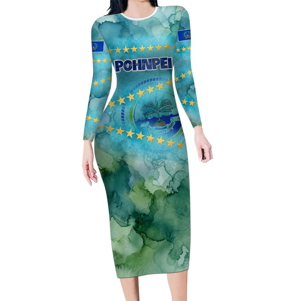 Pohnpei Federated States Of Micronesia Long Sleeve Bodycon Dress Watercolor Heritage Graphic Art With State Seal And Tropical Stars
