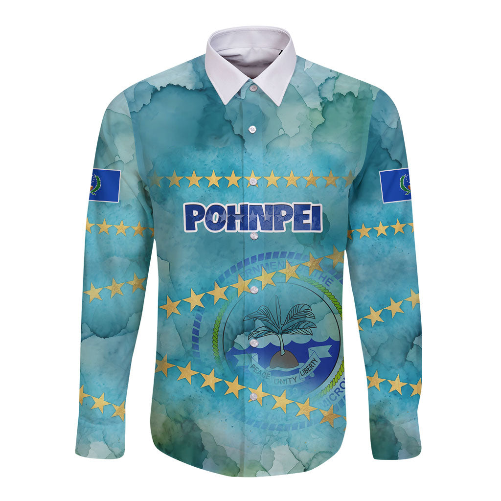 Pohnpei Federated States Of Micronesia Long Sleeve Button Shirt Watercolor Heritage Graphic Art With State Seal And Tropical Stars