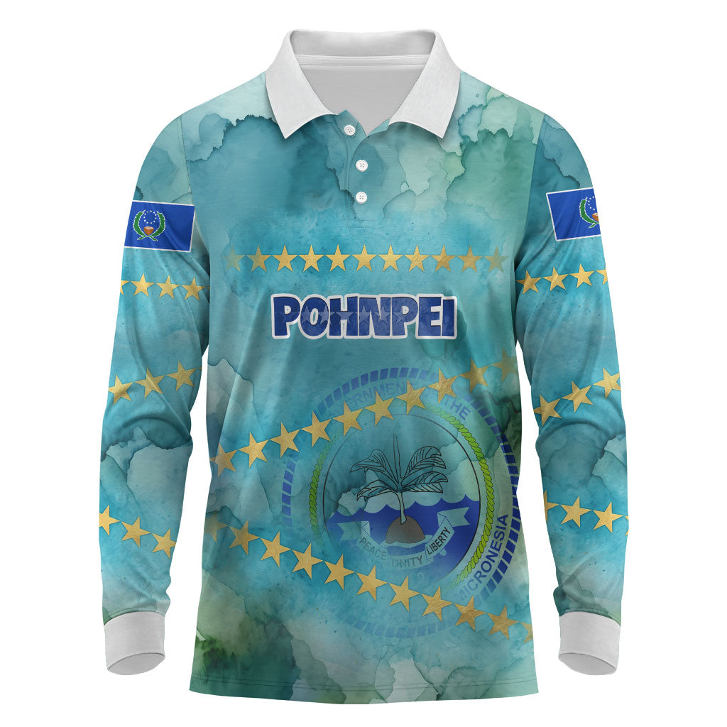 Pohnpei Federated States Of Micronesia Long Sleeve Polo Shirt Watercolor Heritage Graphic Art With State Seal And Tropical Stars