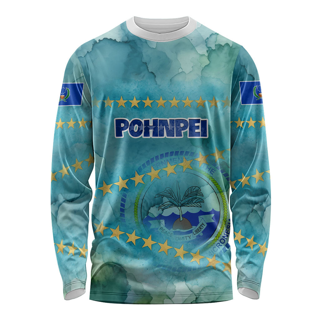 Pohnpei Federated States Of Micronesia Long Sleeve Shirt Watercolor Heritage Graphic Art With State Seal And Tropical Stars