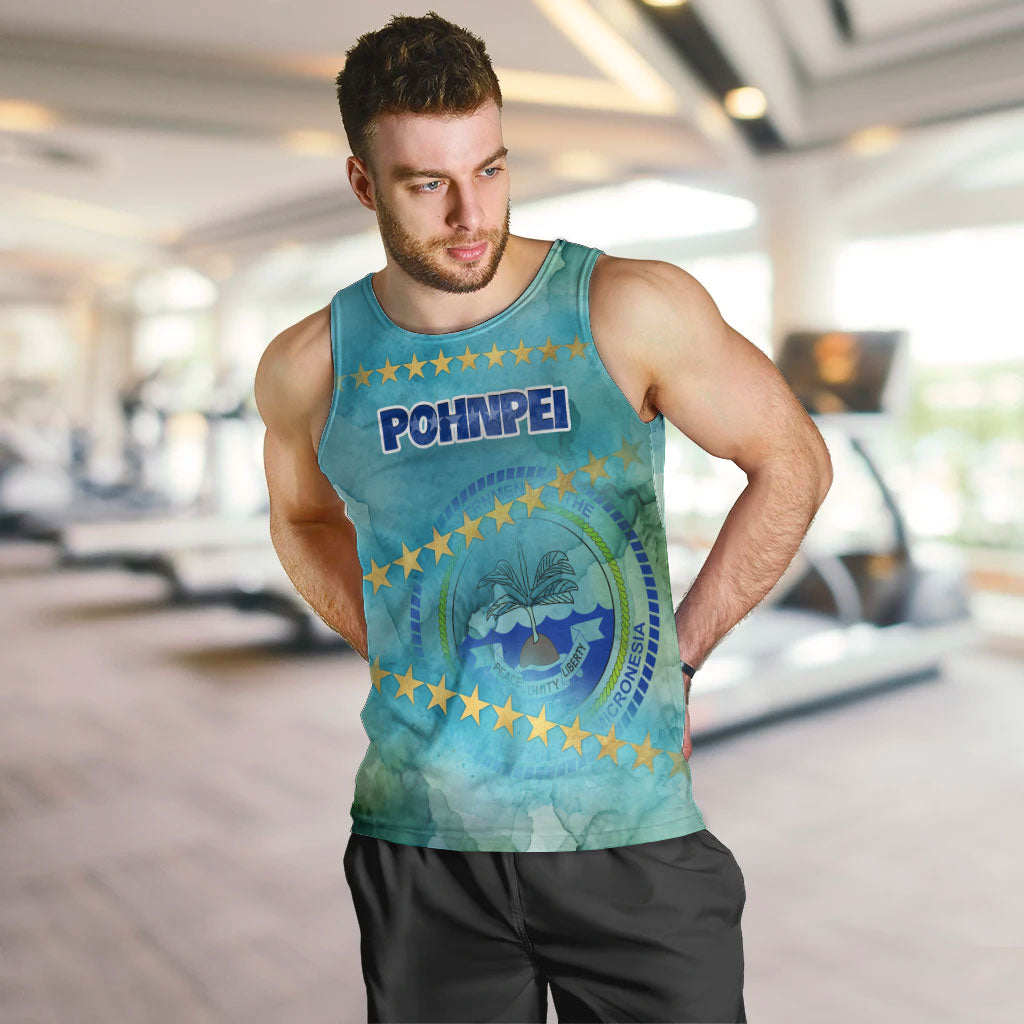 Pohnpei Federated States Of Micronesia Men Tank Top Watercolor Heritage Graphic Art With State Seal And Tropical Stars