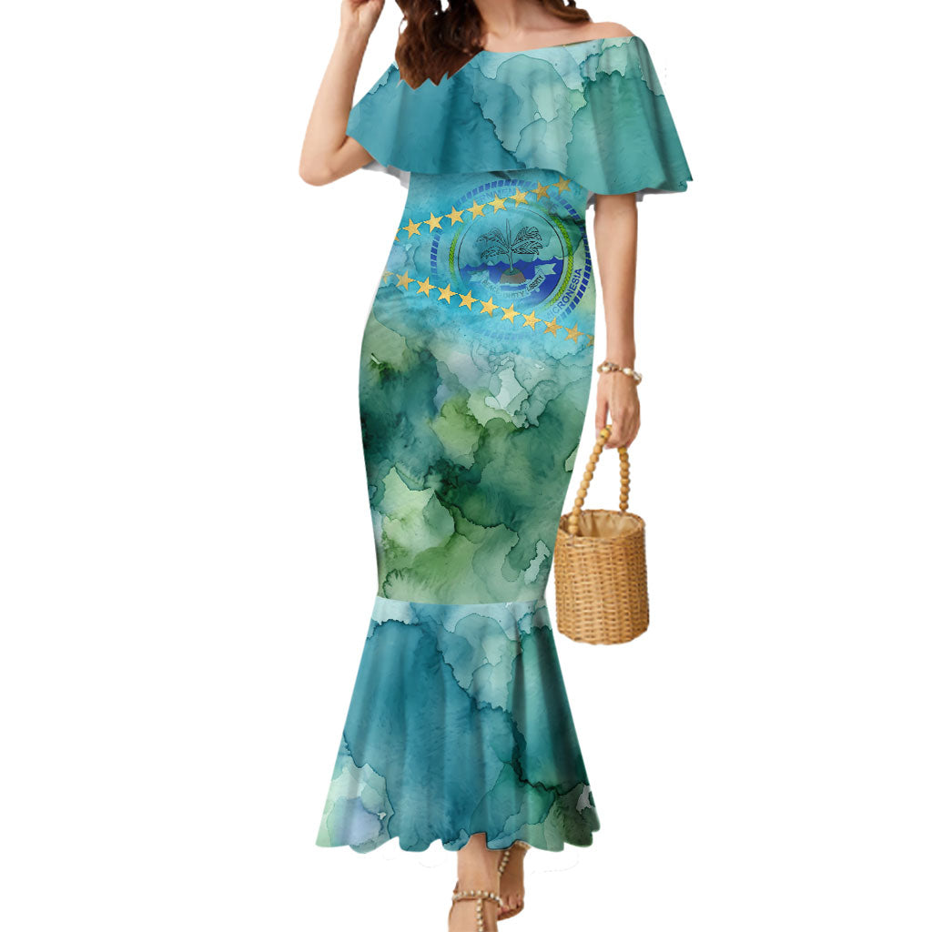 Pohnpei Federated States Of Micronesia Mermaid Dress Watercolor Heritage Graphic Art With State Seal And Tropical Stars