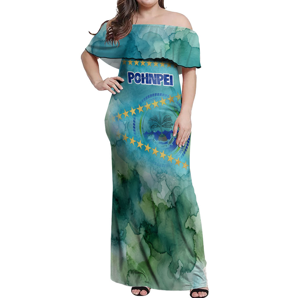 Pohnpei Federated States Of Micronesia Off Shoulder Maxi Dress Watercolor Heritage Graphic Art With State Seal And Tropical Stars