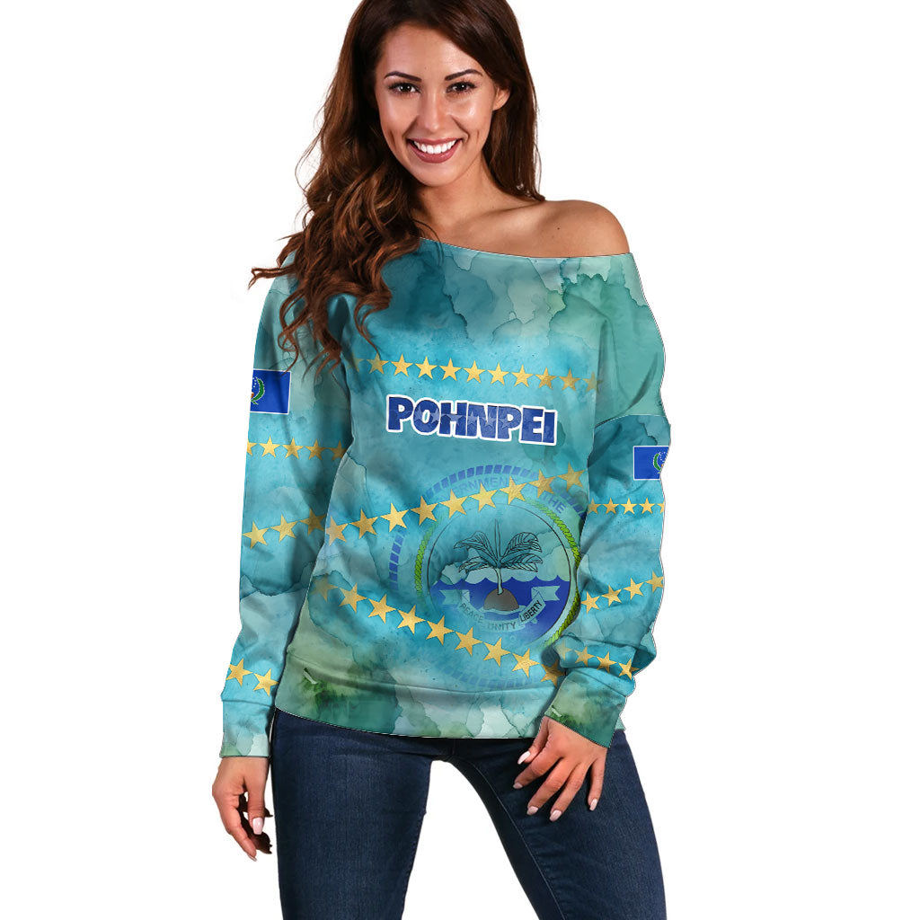 Pohnpei Federated States Of Micronesia Off Shoulder Sweater Watercolor Heritage Graphic Art With State Seal And Tropical Stars