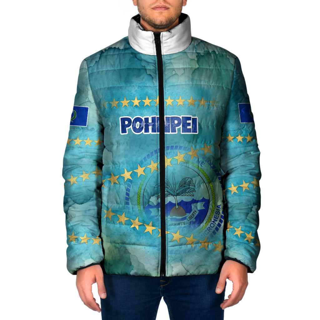 Pohnpei Federated States Of Micronesia Padded Jacket Watercolor Heritage Graphic Art With State Seal And Tropical Stars