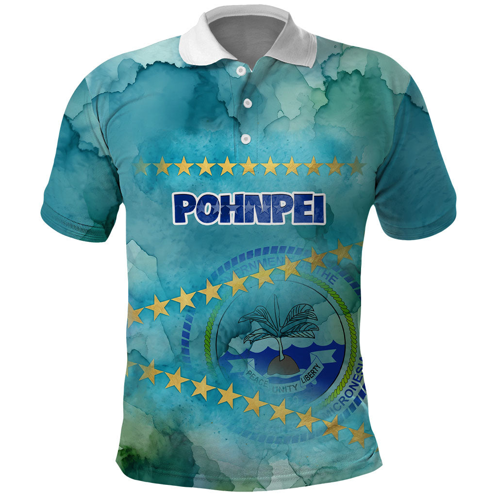 Pohnpei Federated States Of Micronesia Polo Shirt Watercolor Heritage Graphic Art With State Seal And Tropical Stars