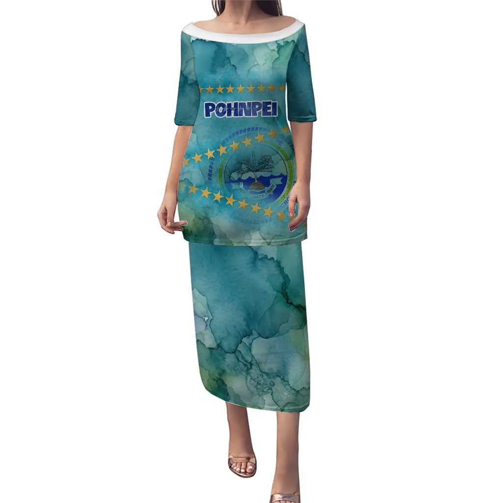 Pohnpei Federated States Of Micronesia Puletasi Watercolor Heritage Graphic Art With State Seal And Tropical Stars