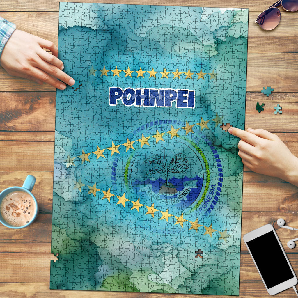 Pohnpei Federated States Of Micronesia Puzzle Watercolor Heritage Graphic Art With State Seal And Tropical Stars