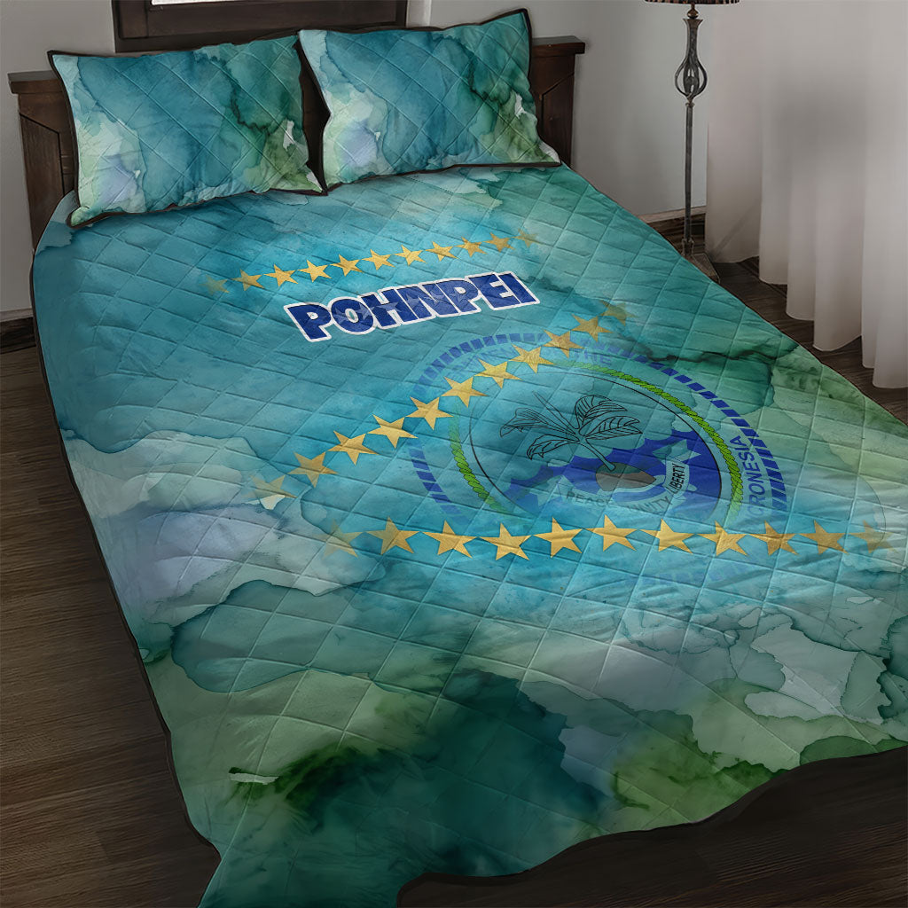 Pohnpei Federated States Of Micronesia Quilt Bed Set Watercolor Heritage Graphic Art With State Seal And Tropical Stars