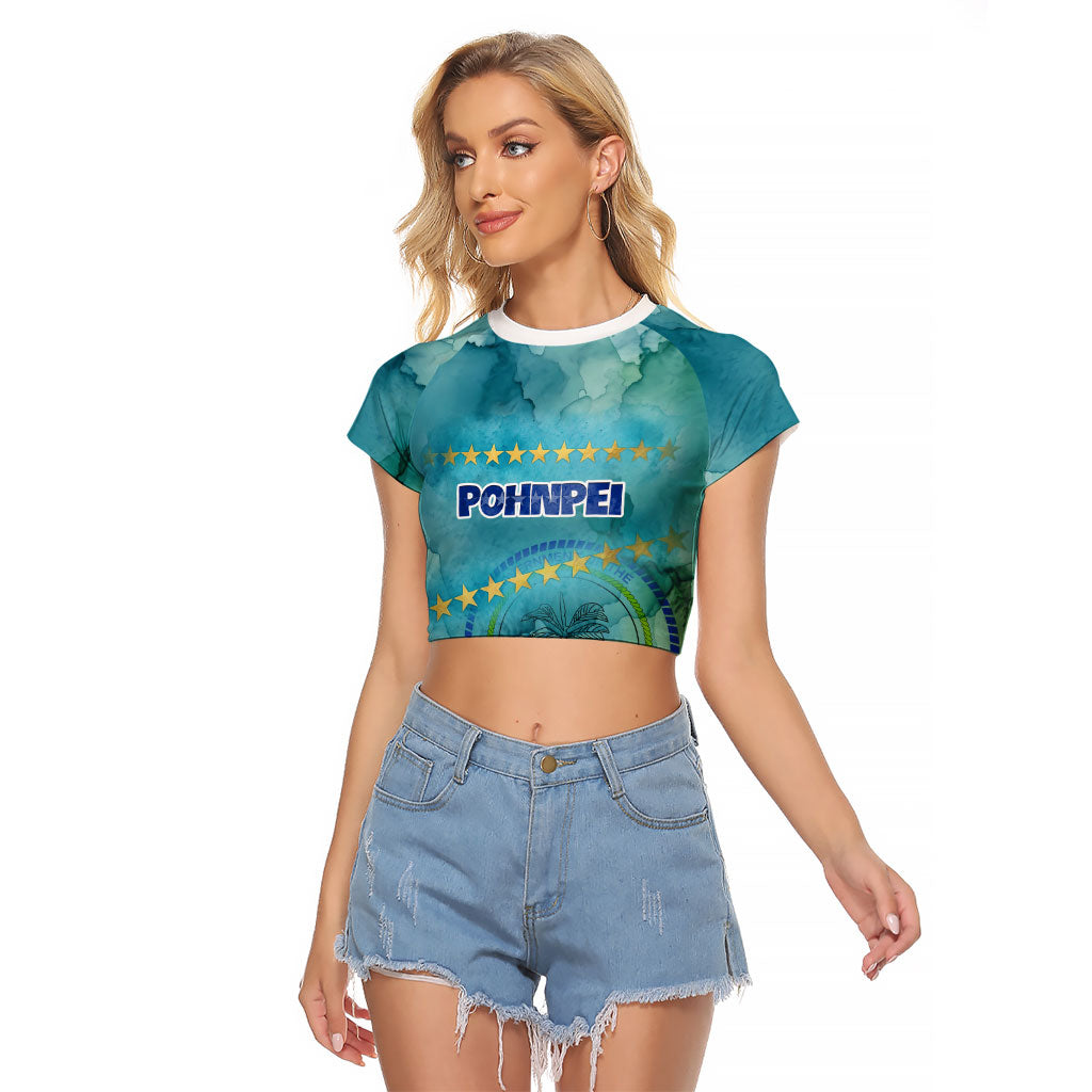 Pohnpei Federated States Of Micronesia Raglan Cropped T Shirt Watercolor Heritage Graphic Art With State Seal And Tropical Stars