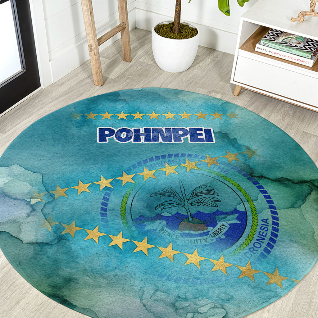 Pohnpei Federated States Of Micronesia Round Carpet Watercolor Heritage Graphic Art With State Seal And Tropical Stars