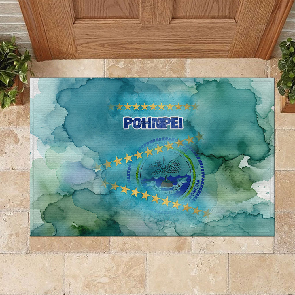 Pohnpei Federated States Of Micronesia Rubber Doormat Watercolor Heritage Graphic Art With State Seal And Tropical Stars