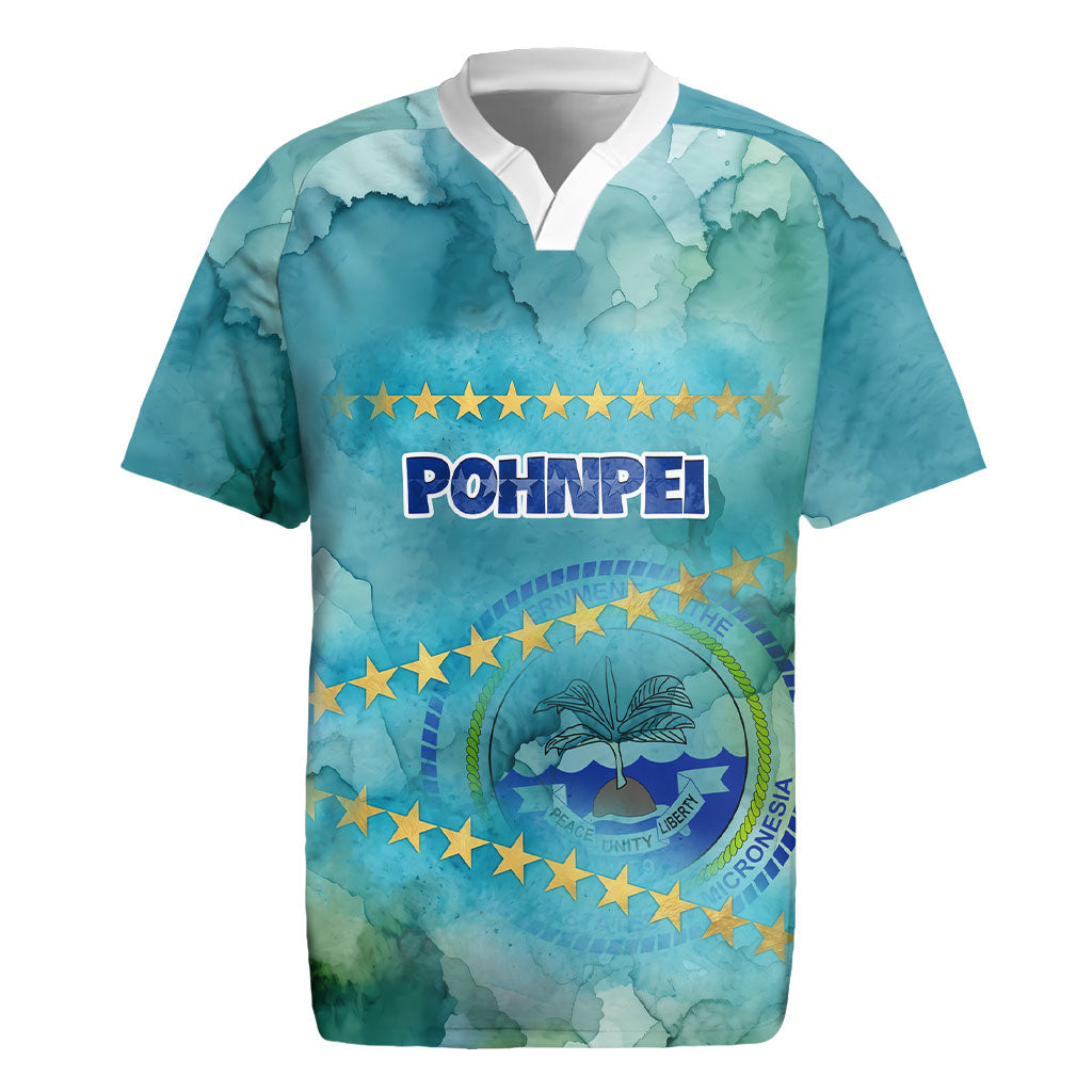 Pohnpei Federated States Of Micronesia Rugby Jersey Watercolor Heritage Graphic Art With State Seal And Tropical Stars