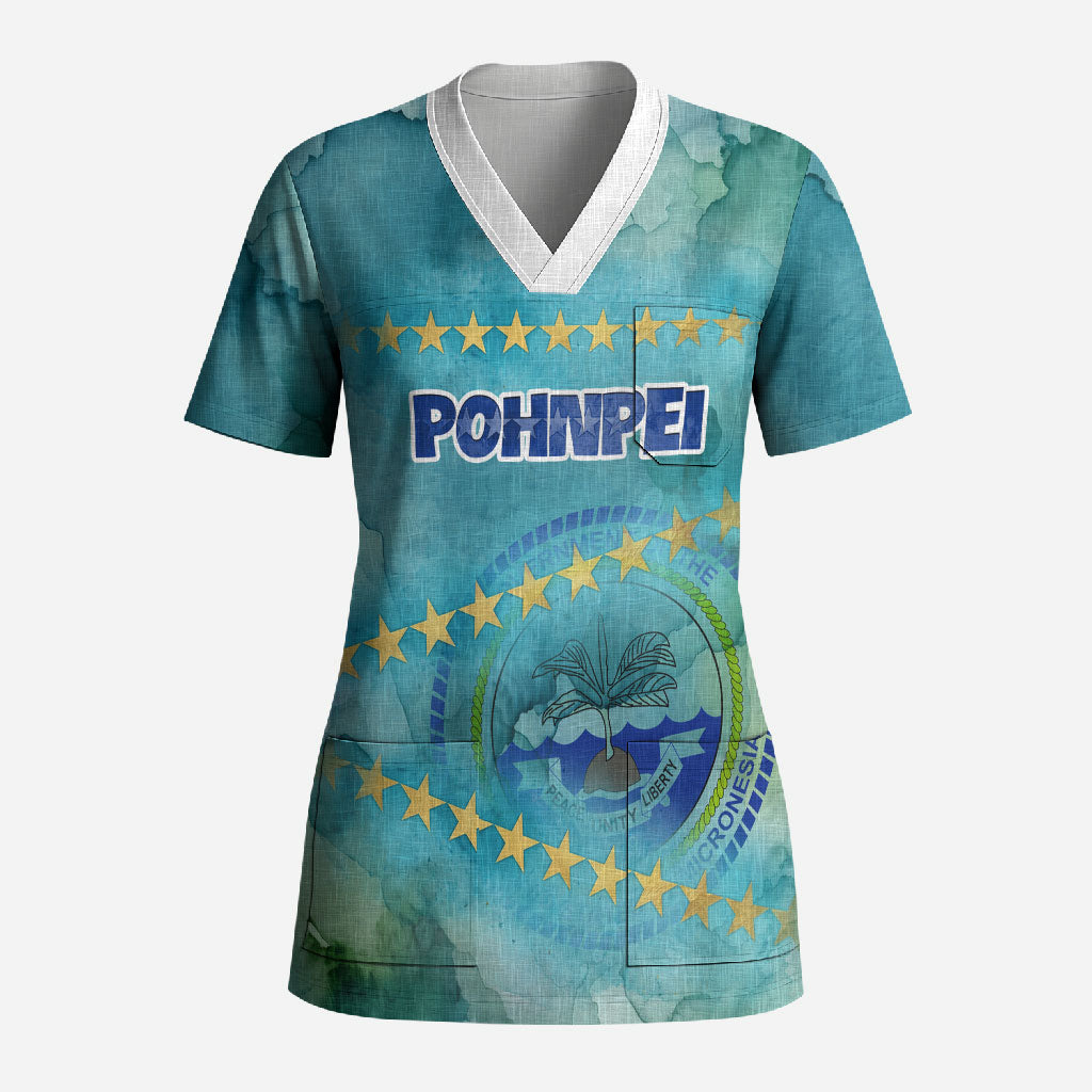 Pohnpei Federated States Of Micronesia Scrub Top Watercolor Heritage Graphic Art With State Seal And Tropical Stars