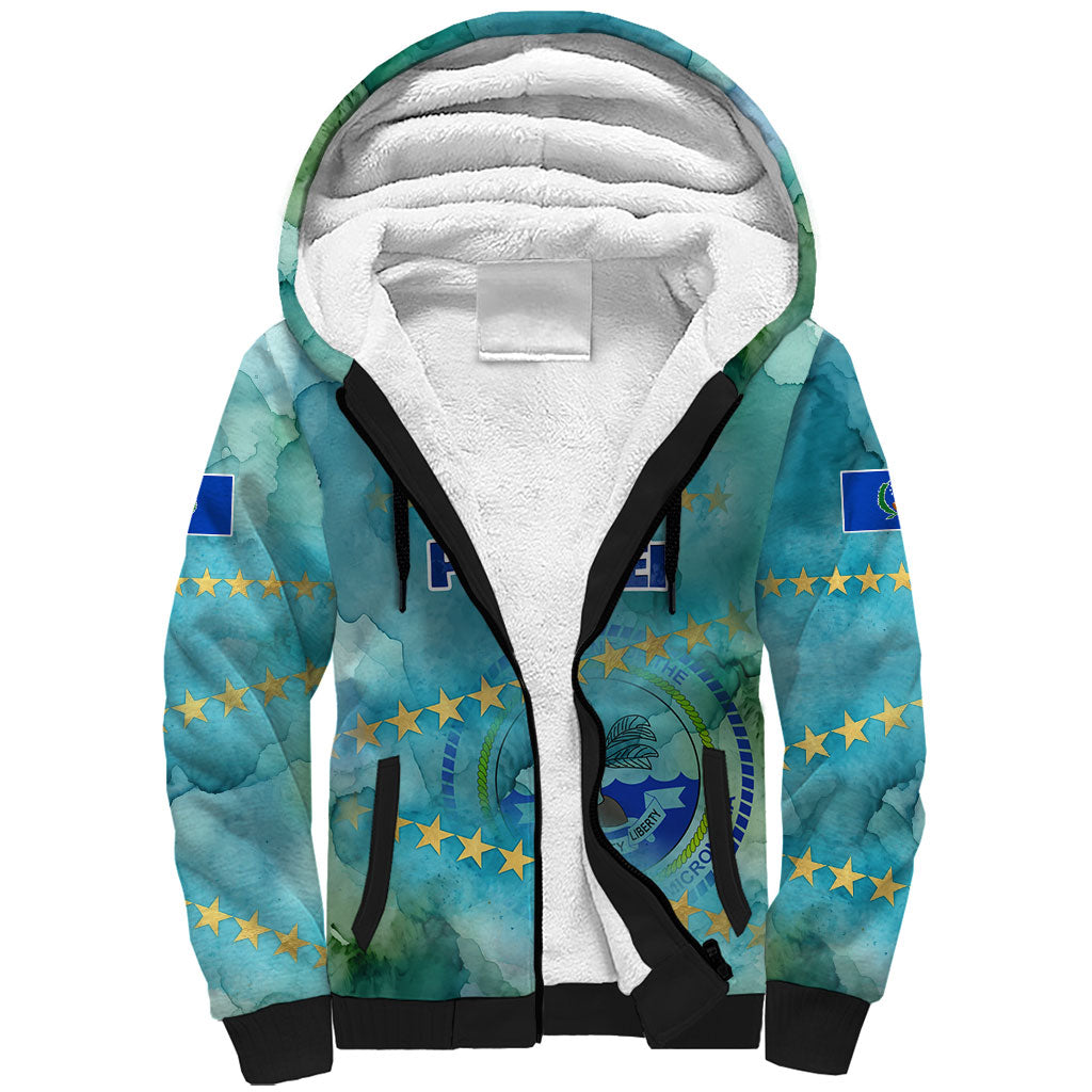 Pohnpei Federated States Of Micronesia Sherpa Hoodie Watercolor Heritage Graphic Art With State Seal And Tropical Stars