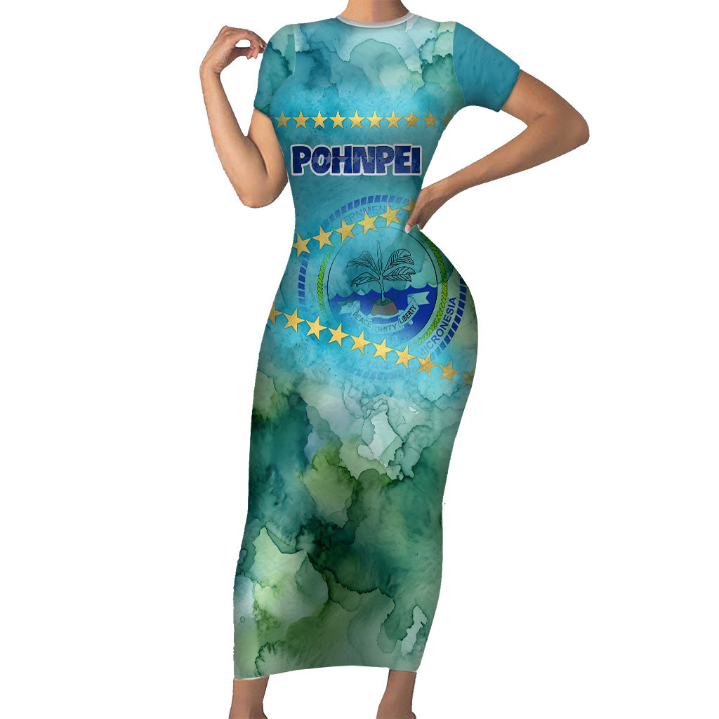 Pohnpei Federated States Of Micronesia Short Sleeve Bodycon Dress Watercolor Heritage Graphic Art With State Seal And Tropical Stars