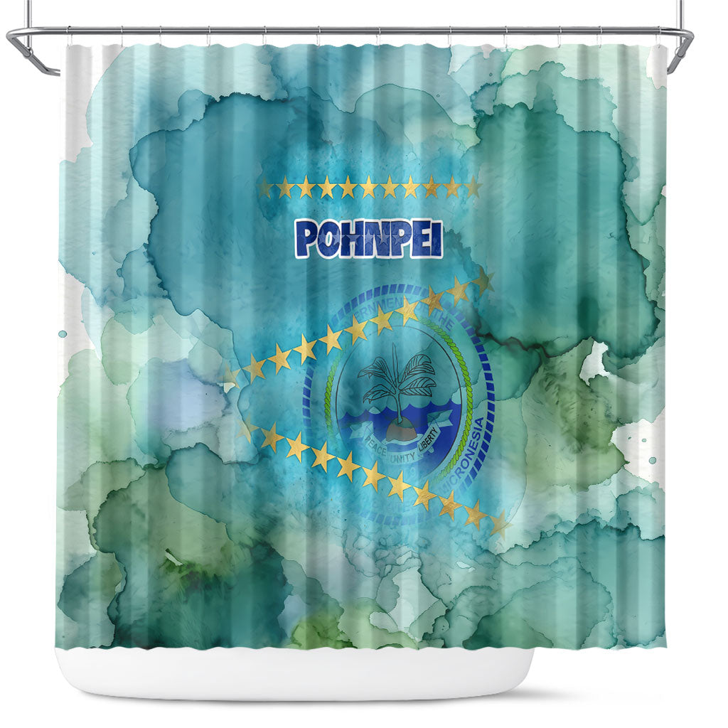 Pohnpei Federated States Of Micronesia Shower Curtain Watercolor Heritage Graphic Art With State Seal And Tropical Stars