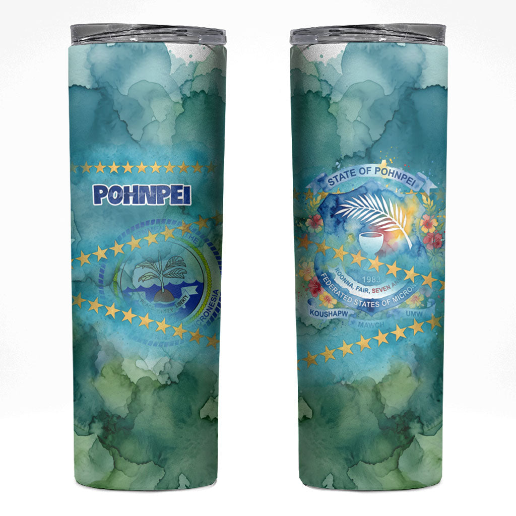 Pohnpei Federated States Of Micronesia Skinny Tumbler Watercolor Heritage Graphic Art With State Seal And Tropical Stars