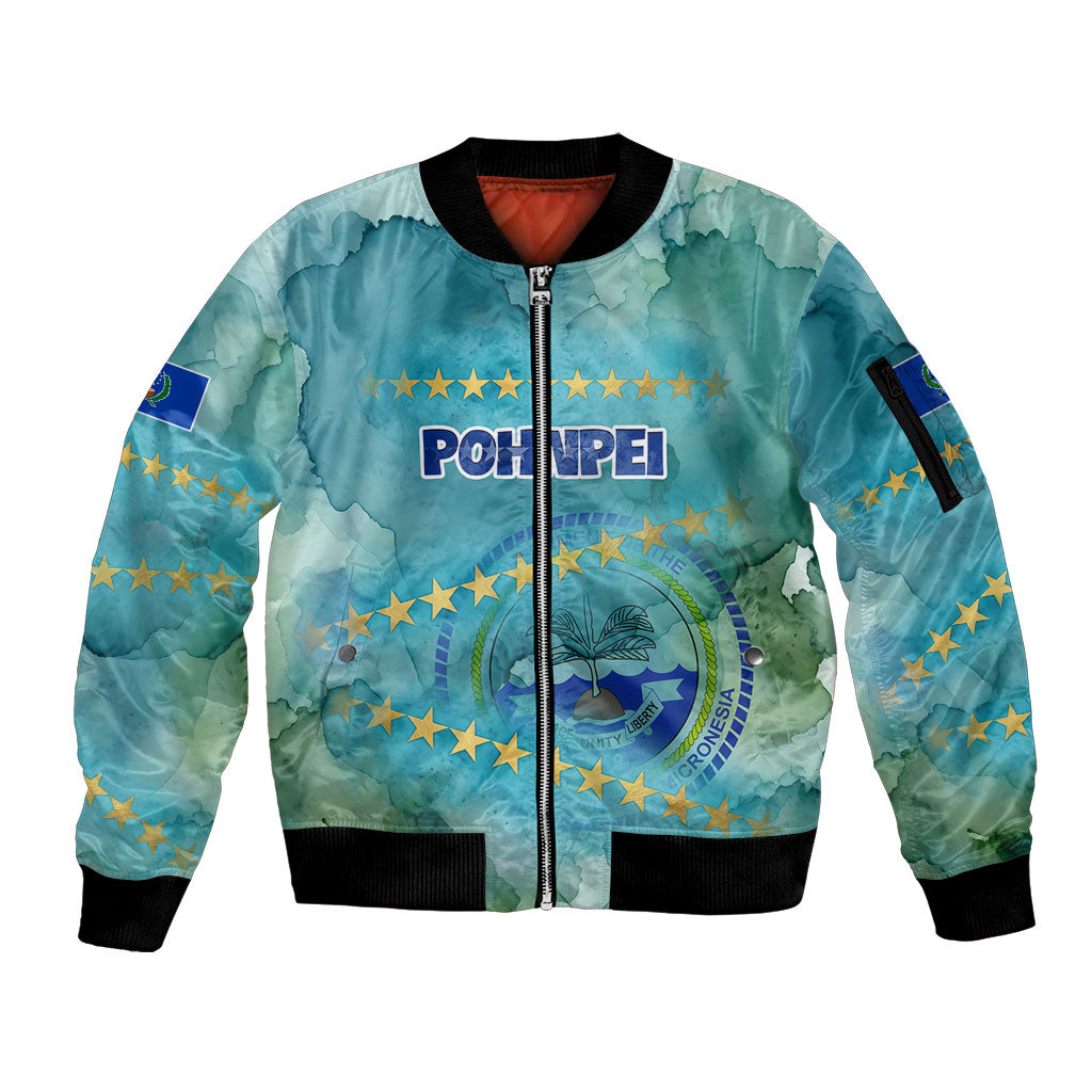 Pohnpei Federated States Of Micronesia Sleeve Zip Bomber Jacket Watercolor Heritage Graphic Art With State Seal And Tropical Stars