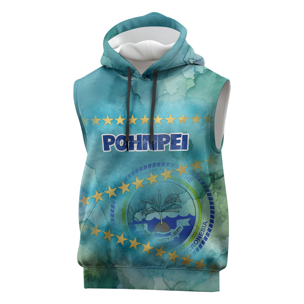 Pohnpei Federated States Of Micronesia Sleeveless Hoodie Watercolor Heritage Graphic Art With State Seal And Tropical Stars