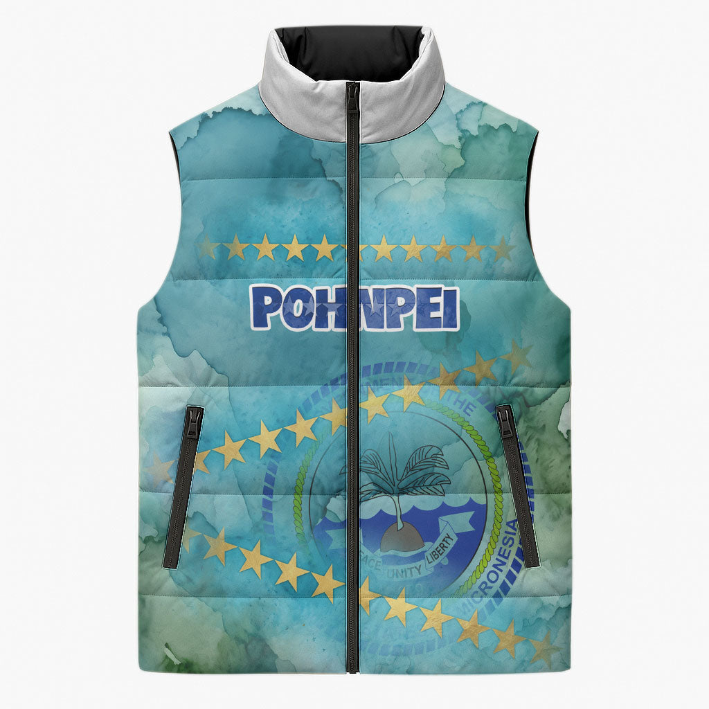 Pohnpei Federated States Of Micronesia Sleeveless Puffer Jacket Watercolor Heritage Graphic Art With State Seal And Tropical Stars