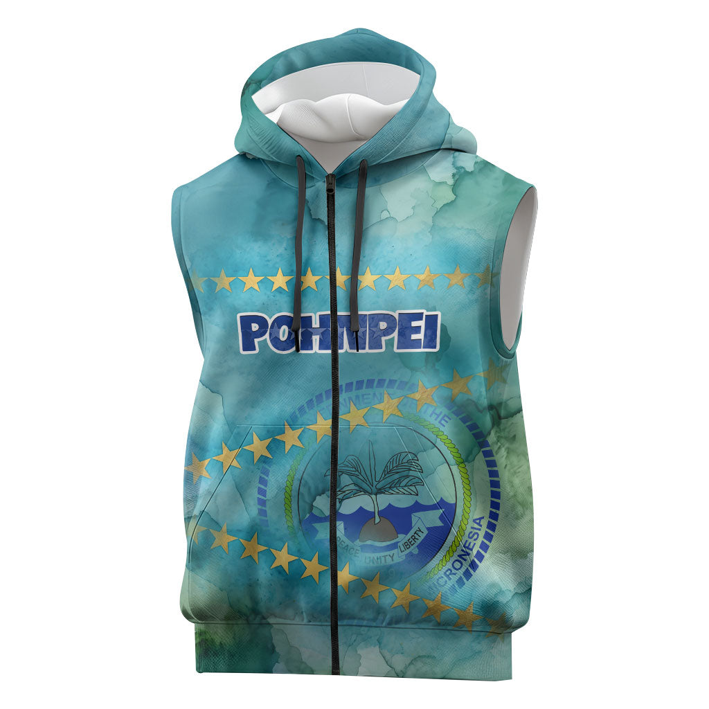 Pohnpei Federated States Of Micronesia Sleeveless Zip Hoodie Watercolor Heritage Graphic Art With State Seal And Tropical Stars