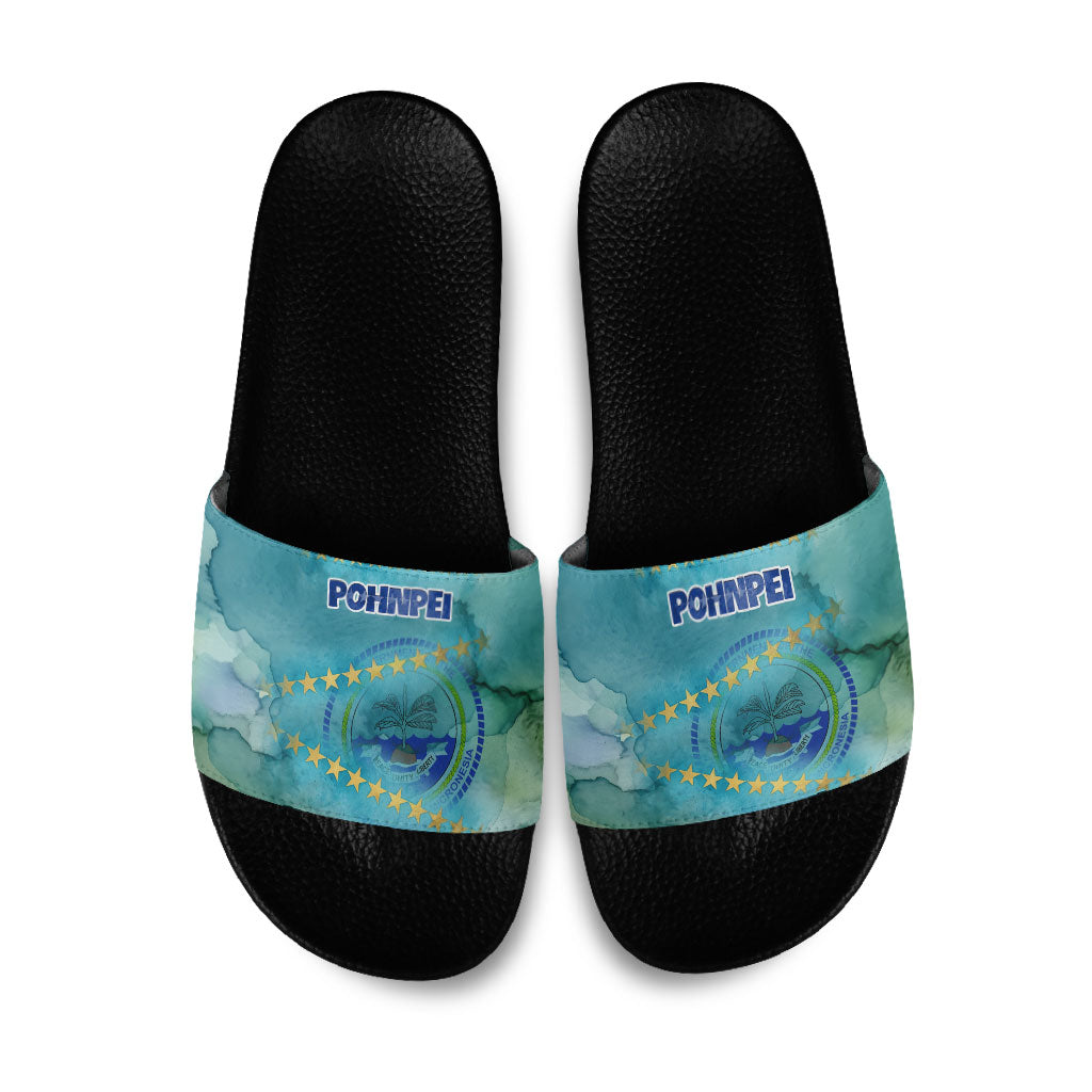 Pohnpei Federated States Of Micronesia Slide Sandals Watercolor Heritage Graphic Art With State Seal And Tropical Stars