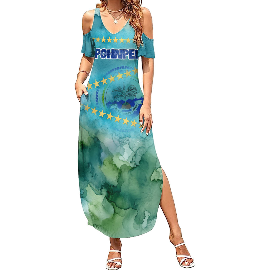 Pohnpei Federated States Of Micronesia Summer Maxi Dress Watercolor Heritage Graphic Art With State Seal And Tropical Stars