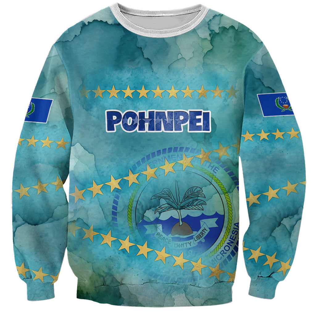 Pohnpei Federated States Of Micronesia Sweatshirt Watercolor Heritage Graphic Art With State Seal And Tropical Stars