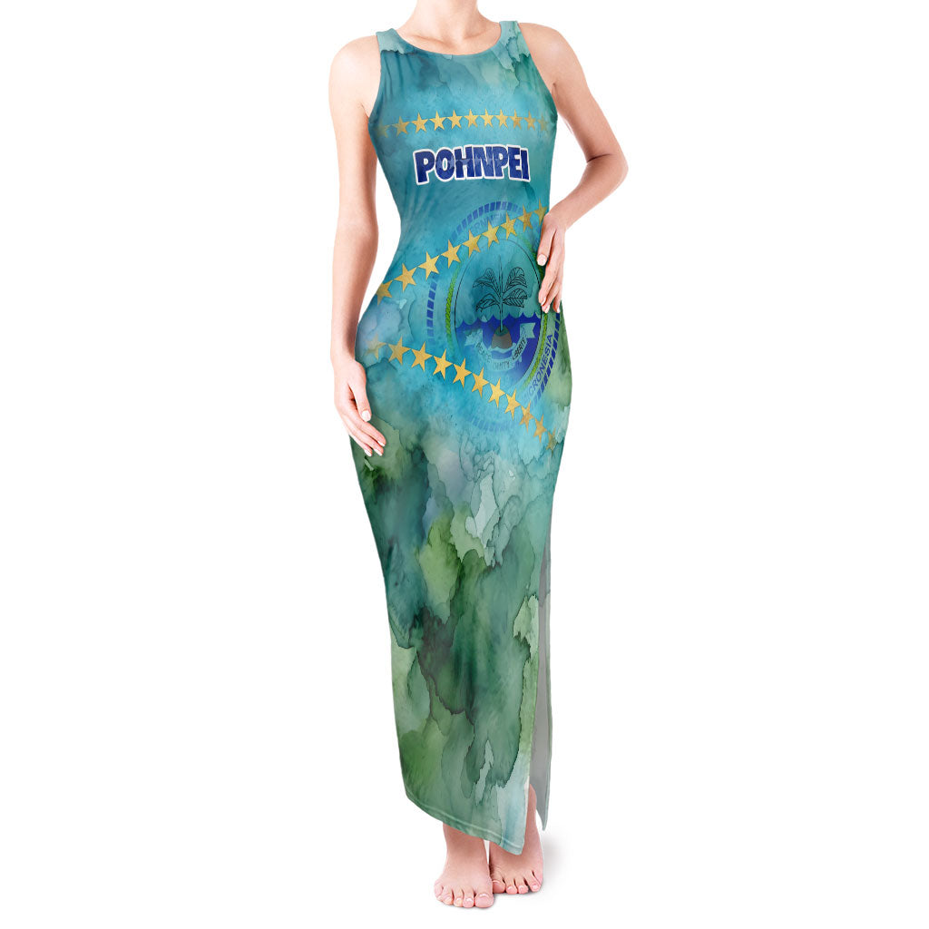 Pohnpei Federated States Of Micronesia Tank Maxi Dress Watercolor Heritage Graphic Art With State Seal And Tropical Stars