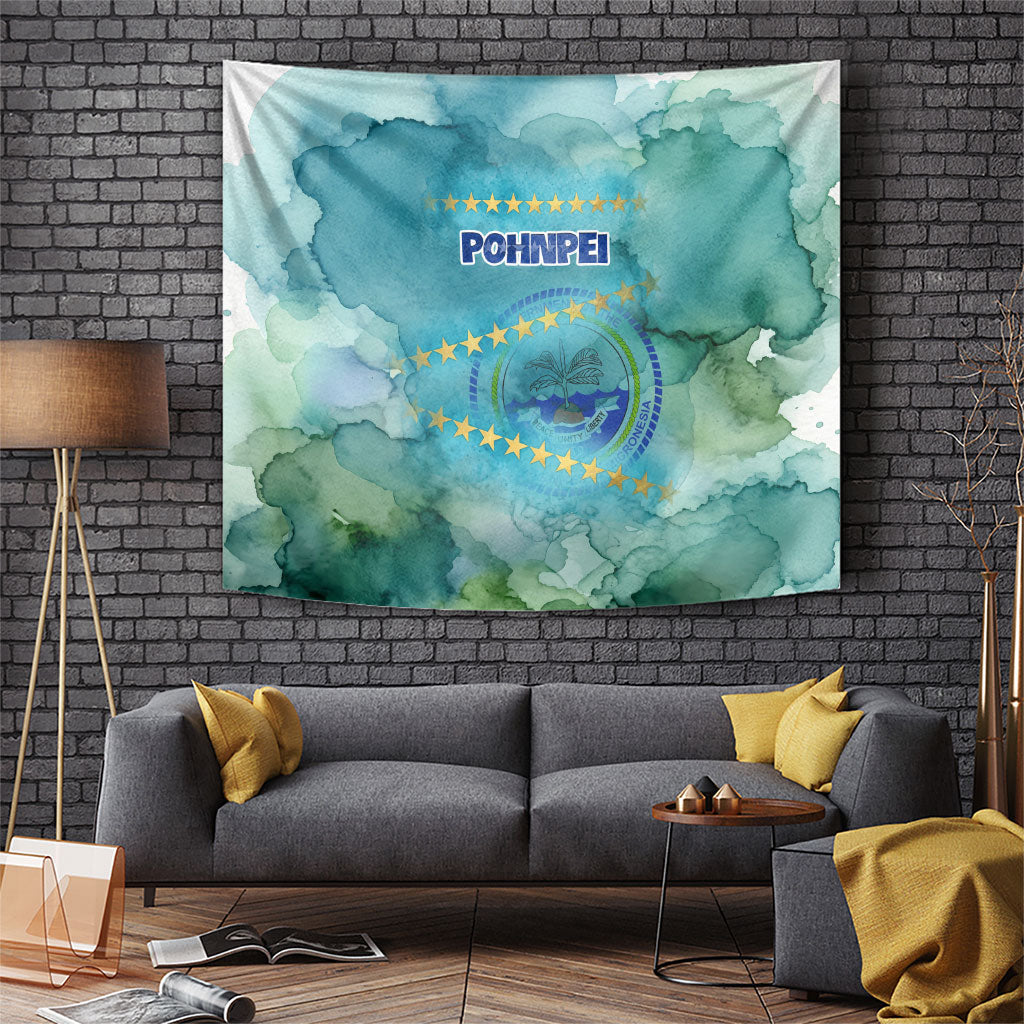 Pohnpei Federated States Of Micronesia Tapestry Watercolor Heritage Graphic Art With State Seal And Tropical Stars