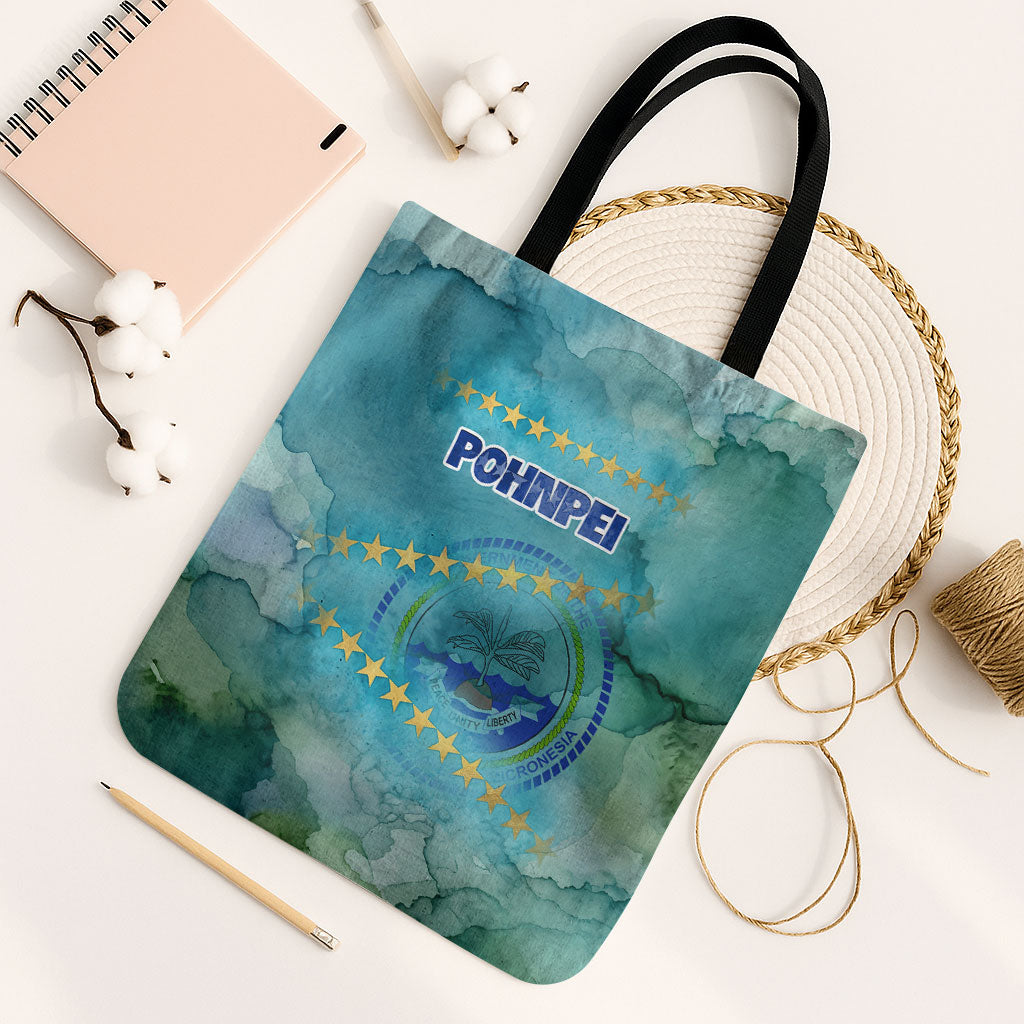 Pohnpei Federated States Of Micronesia Tote Bag Watercolor Heritage Graphic Art With State Seal And Tropical Stars