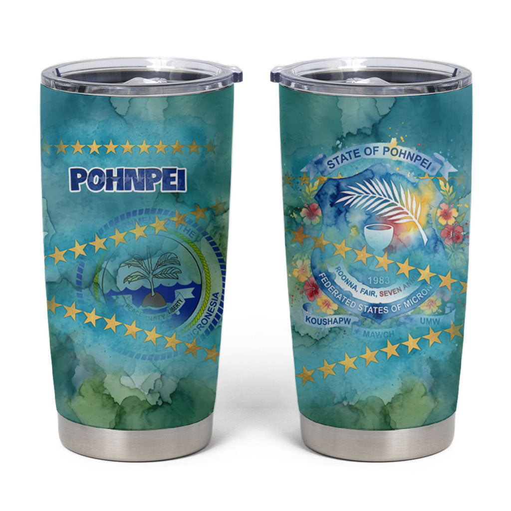 Pohnpei Federated States Of Micronesia Tumbler Cup Watercolor Heritage Graphic Art With State Seal And Tropical Stars