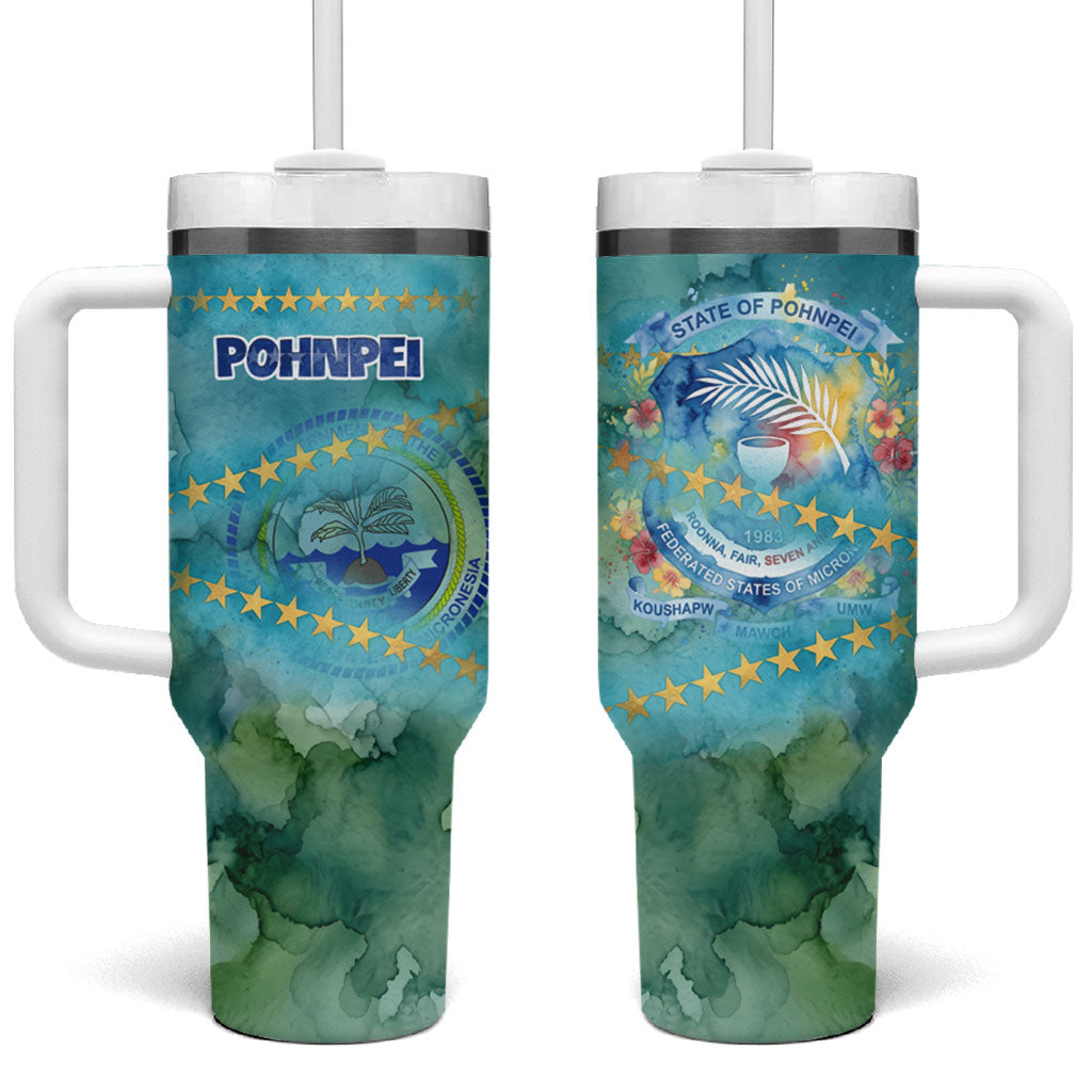 Pohnpei Federated States Of Micronesia Tumbler With Handle Watercolor Heritage Graphic Art With State Seal And Tropical Stars