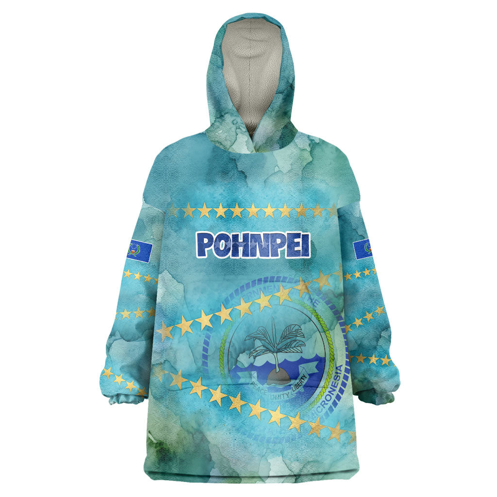 Pohnpei Federated States Of Micronesia Wearable Blanket Hoodie Watercolor Heritage Graphic Art With State Seal And Tropical Stars