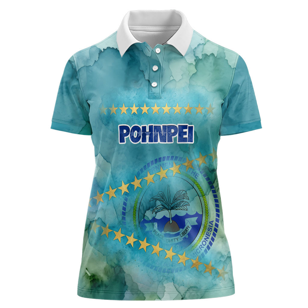 Pohnpei Federated States Of Micronesia Women Polo Shirt Watercolor Heritage Graphic Art With State Seal And Tropical Stars